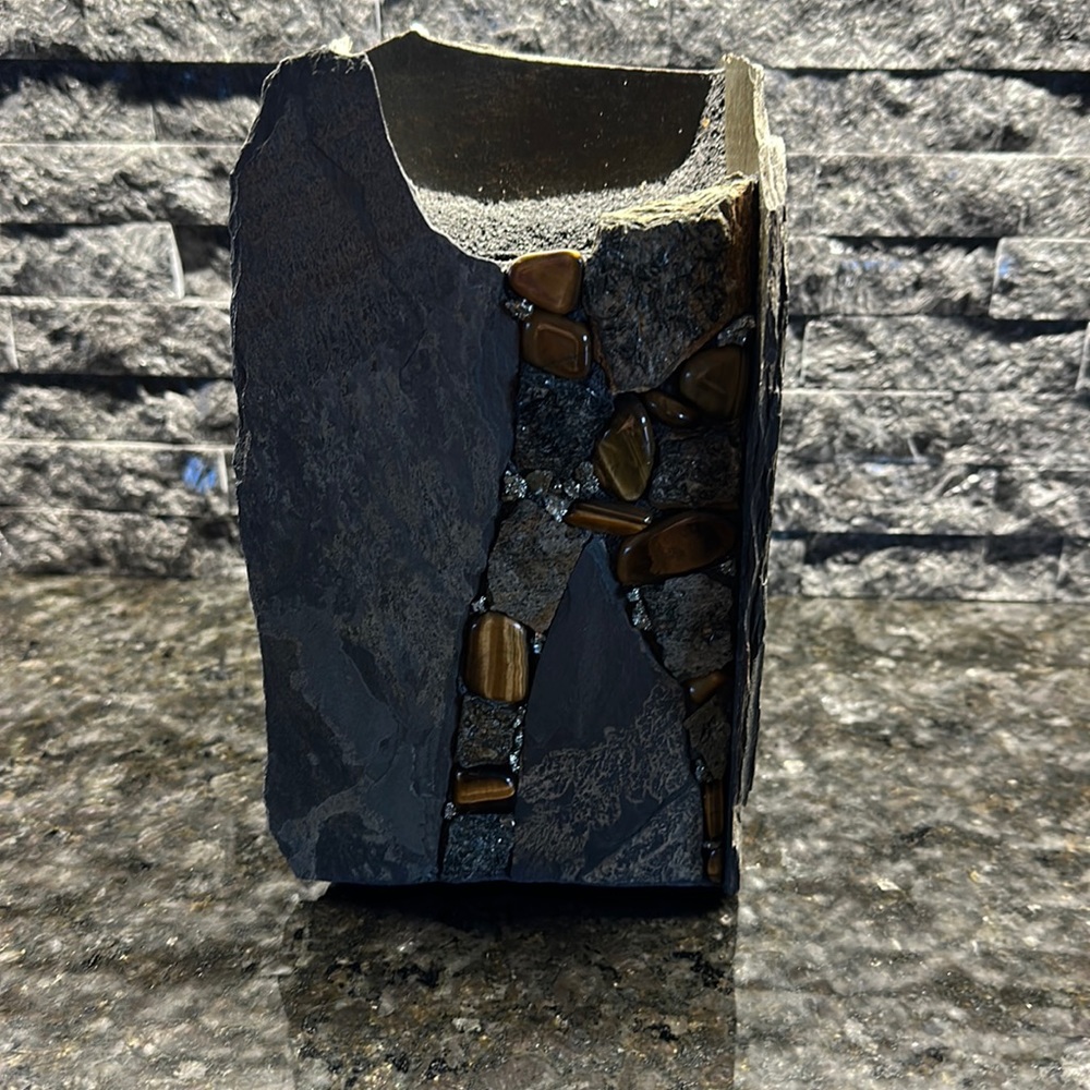 Hand crafted natural stone (slate) and rock embellished vase!